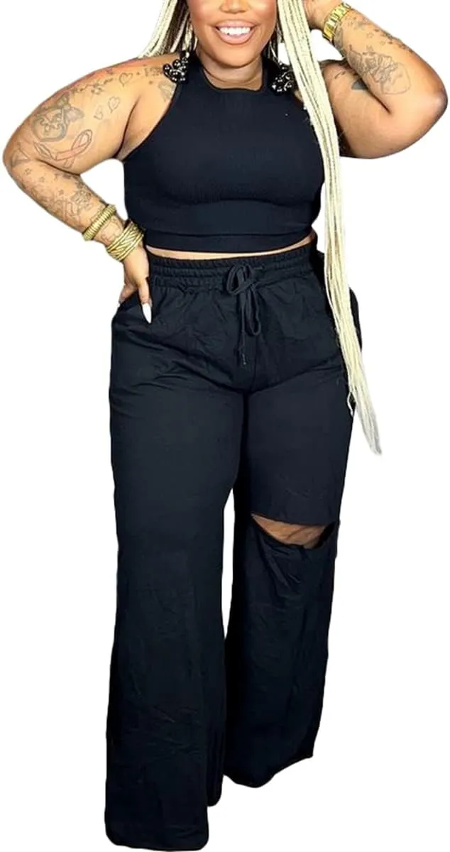 2 Piece Outfits for Women Pure Color Sleeveless Ribbed Knit Tank Top Ripped Wide Legs Long Pants Tracksuit Sport Set