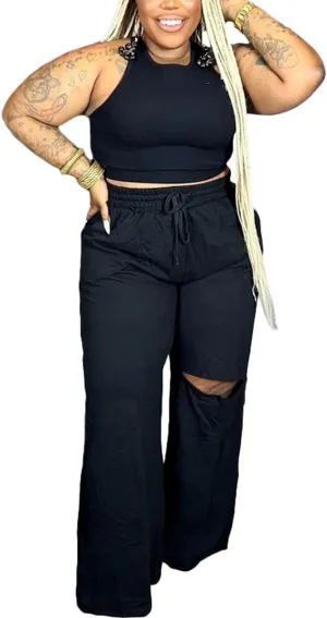 2 Piece Outfits for Women Pure Color Sleeveless Ribbed Knit Tank Top Ripped Wide Legs Long Pants Tracksuit Sport Set