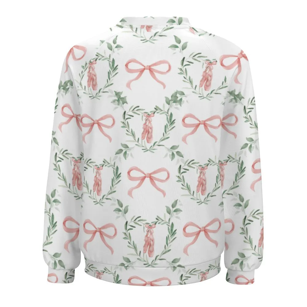 Ballet Bow Women’s Raglan Crewneck Sweatshirt | Floral Heart Wreath Top | Cozy Autumn & Winter Crewneck