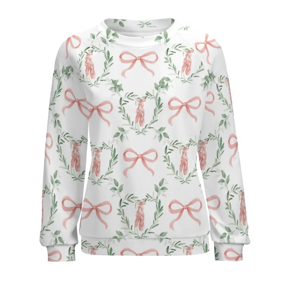 Ballet Bow Women’s Raglan Crewneck Sweatshirt | Floral Heart Wreath Top | Cozy Autumn & Winter Crewneck