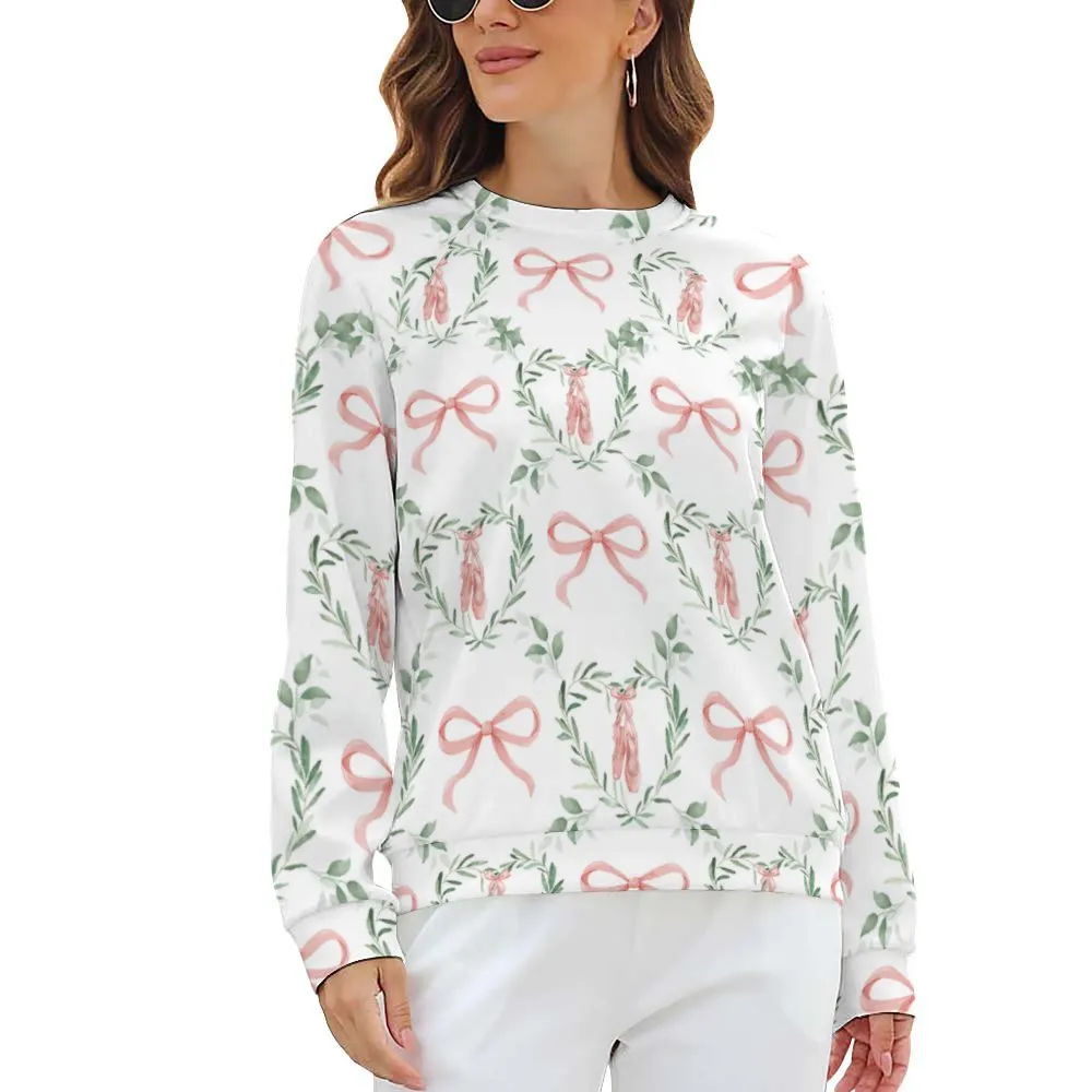 Ballet Bow Women’s Raglan Crewneck Sweatshirt | Floral Heart Wreath Top | Cozy Autumn & Winter Crewneck