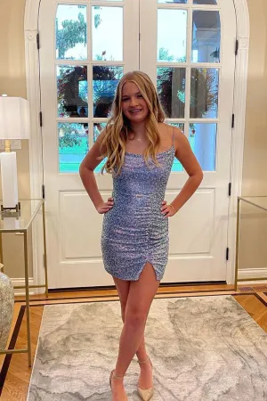 Blue Scoop Neck Sequins Short Homecoming Dress with Slit VK24051701