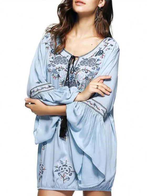 Bohemia Embroidered Tasseled Mini Dress