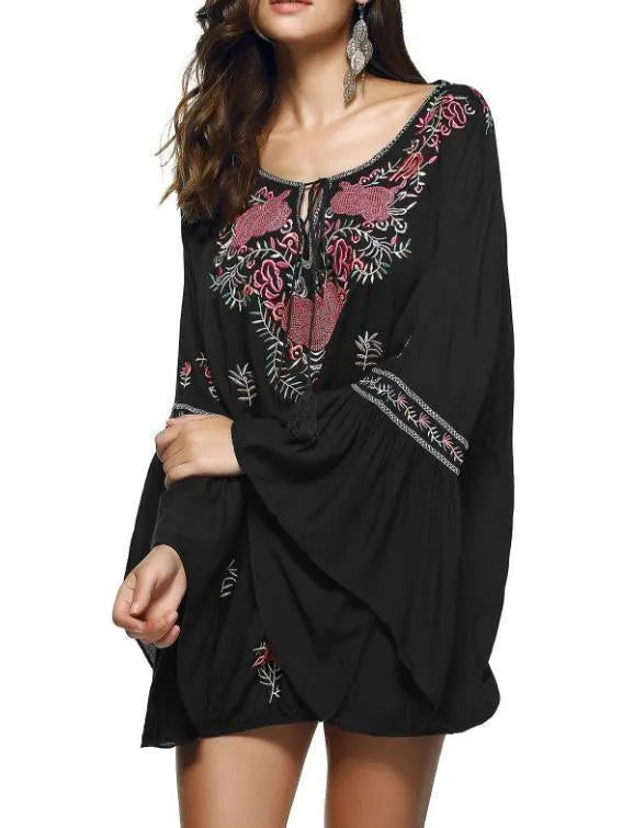 Bohemia Embroidered Tasseled Mini Dress