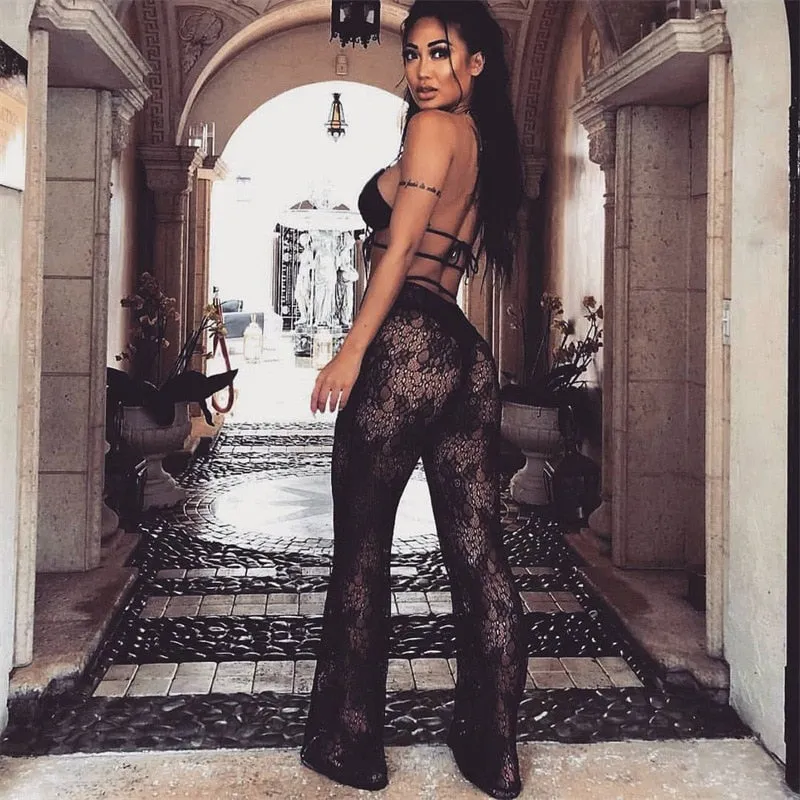 Bohemian Breeze Lace Pants - Lace See-through Summer Beach Party High Waisted Trousers Flare Pants