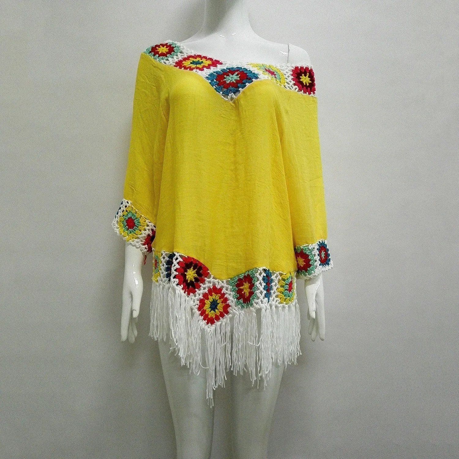 Bohemian Hook crochet large size bamboo cotton long coat Yellow and White color