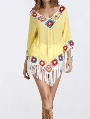 Bohemian Hook crochet large size bamboo cotton long coat Yellow and White color