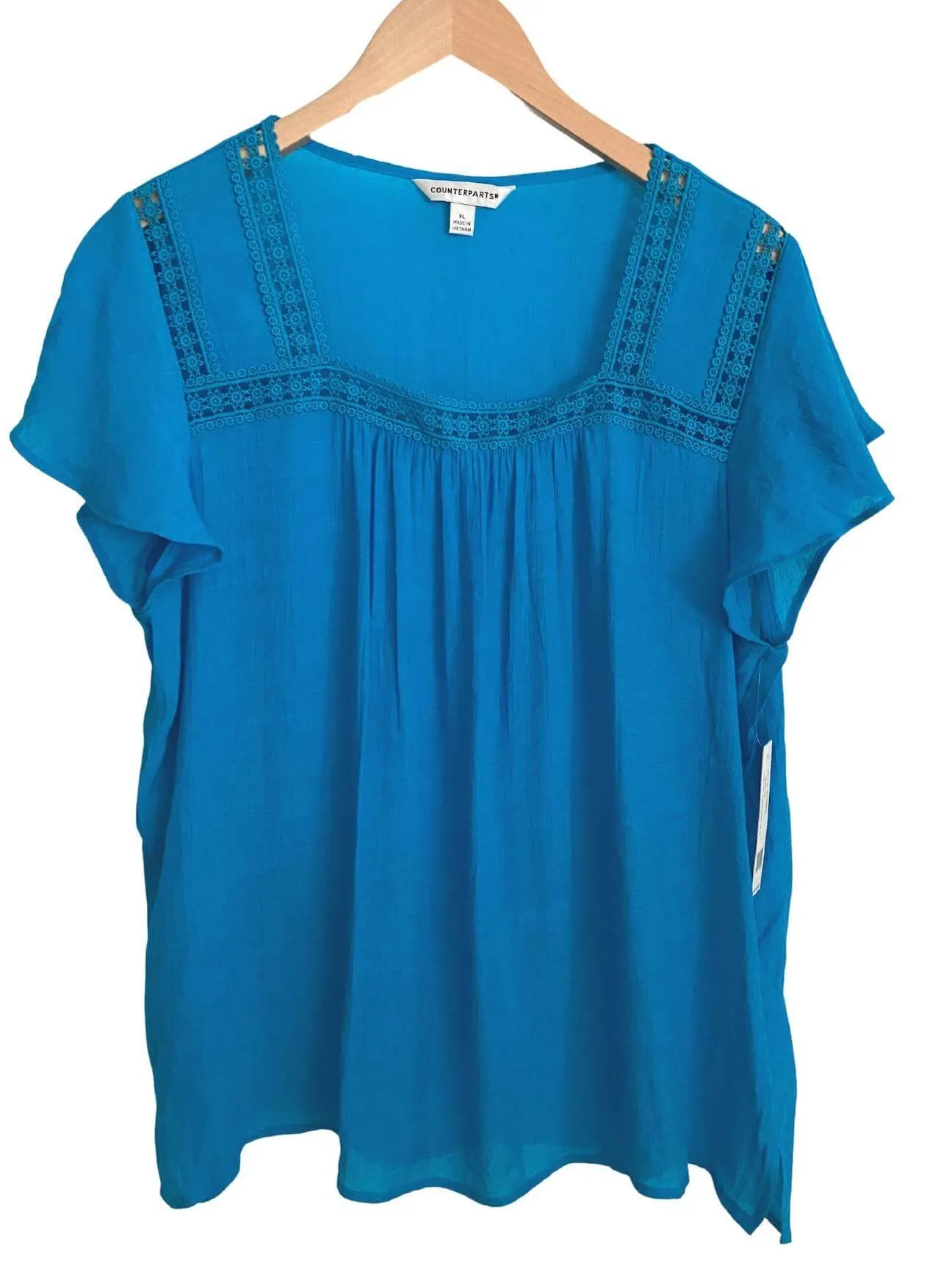 Bright Winter Teal Crochet Trim Blouse