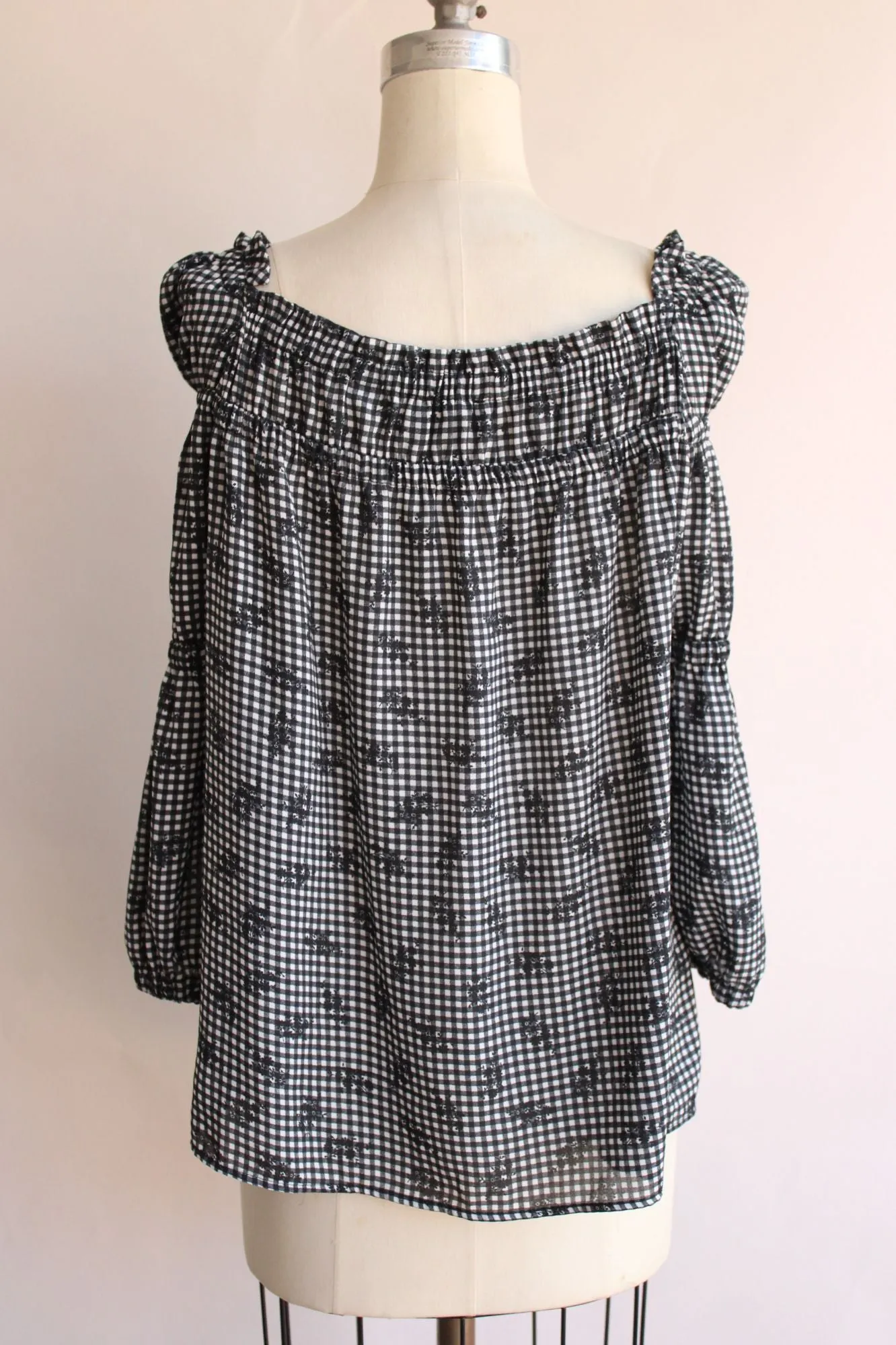 CeCe Womens Blouse, Size M, Peasant Style Black and White Gingham Top