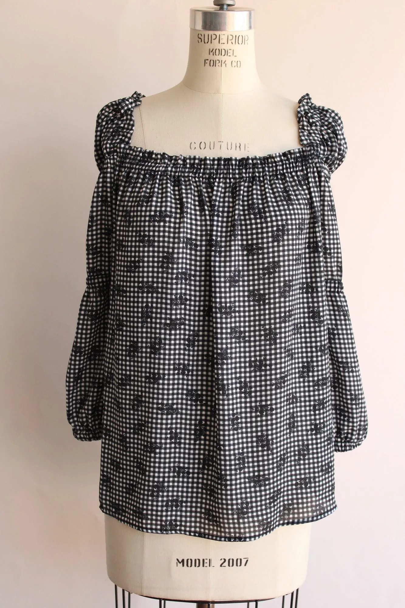 CeCe Womens Blouse, Size M, Peasant Style Black and White Gingham Top