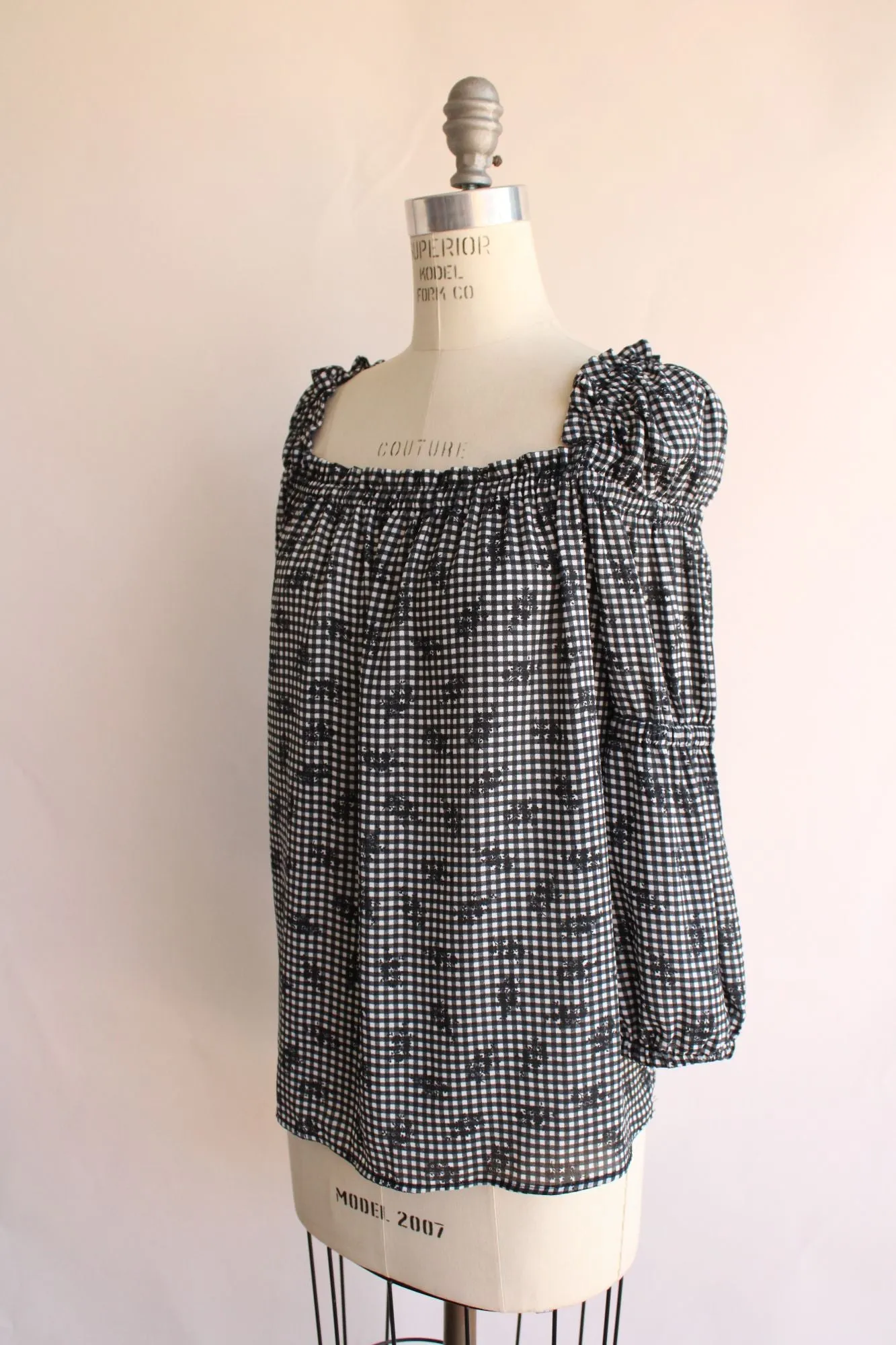 CeCe Womens Blouse, Size M, Peasant Style Black and White Gingham Top