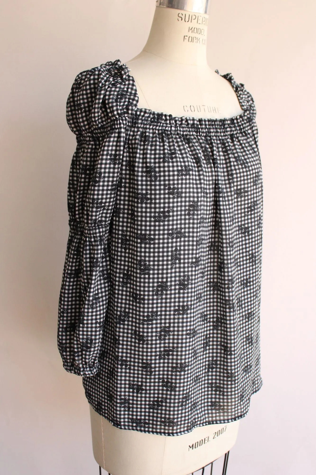 CeCe Womens Blouse, Size M, Peasant Style Black and White Gingham Top