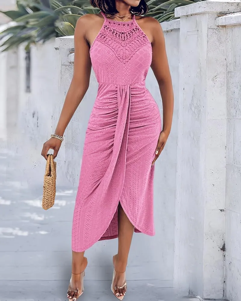 CHICME Womens Summer Halter Dress Hollow Out A Line Vacation Dresses with Eyelet Embroidery & Side Slit
