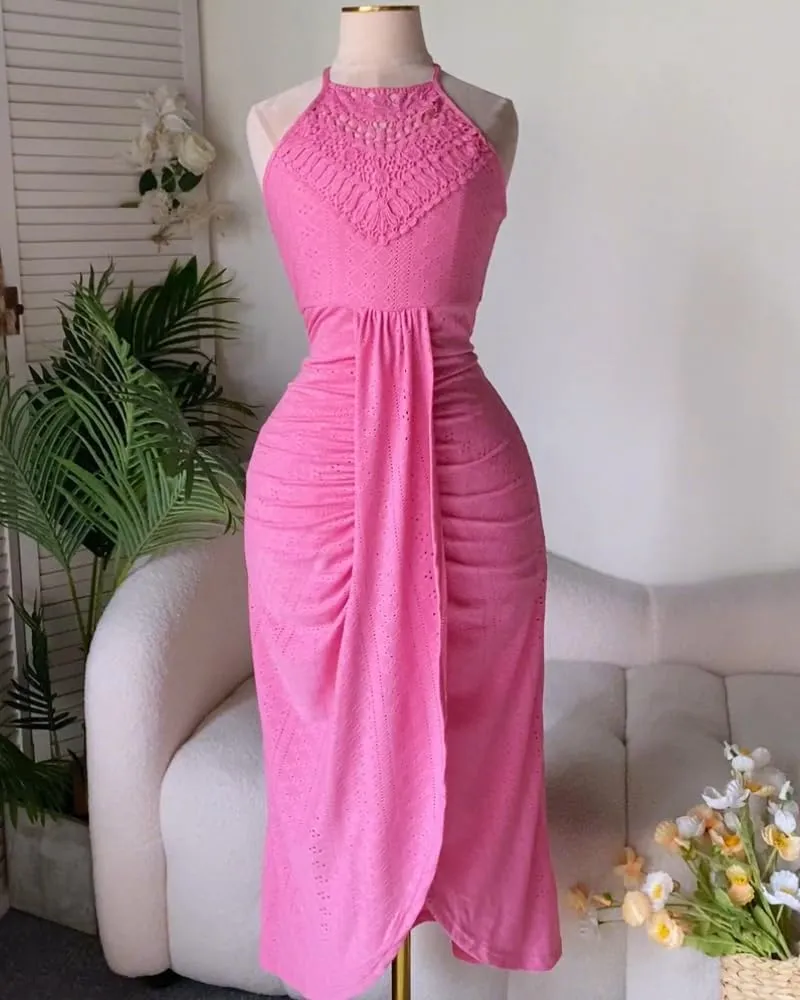 CHICME Womens Summer Halter Dress Hollow Out A Line Vacation Dresses with Eyelet Embroidery & Side Slit