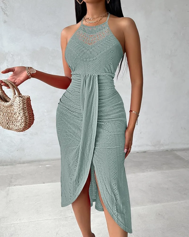 CHICME Womens Summer Halter Dress Hollow Out A Line Vacation Dresses with Eyelet Embroidery & Side Slit