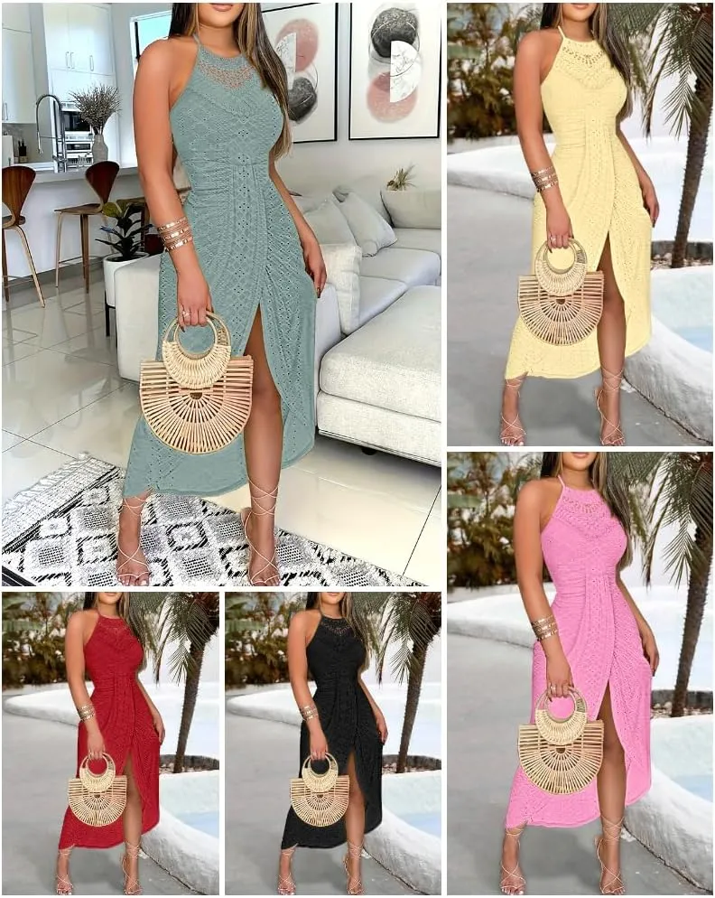 CHICME Womens Summer Halter Dress Hollow Out A Line Vacation Dresses with Eyelet Embroidery & Side Slit