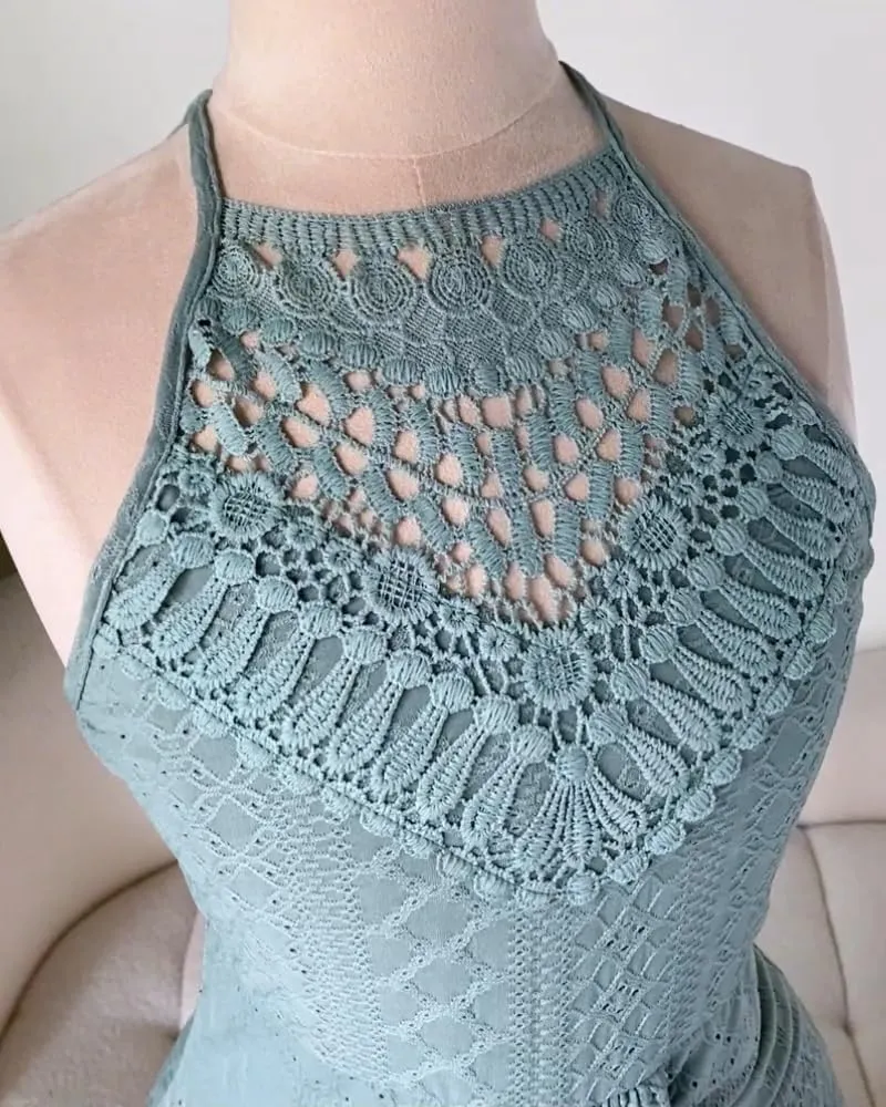 CHICME Womens Summer Halter Dress Hollow Out A Line Vacation Dresses with Eyelet Embroidery & Side Slit
