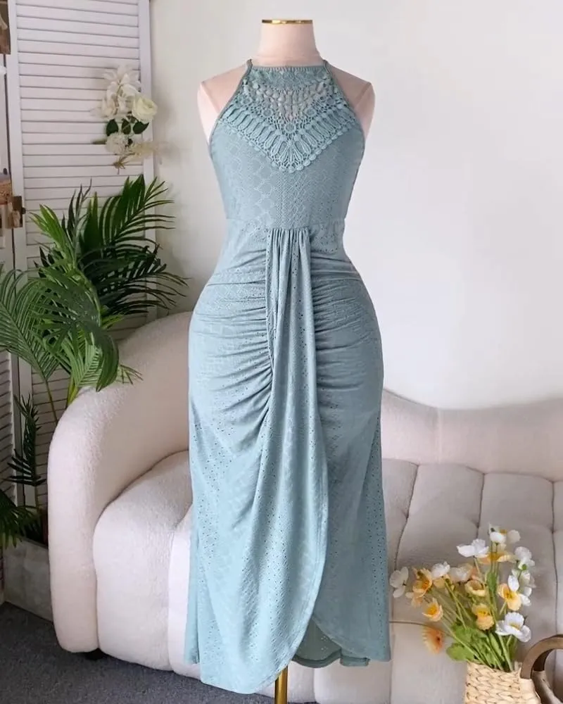 CHICME Womens Summer Halter Dress Hollow Out A Line Vacation Dresses with Eyelet Embroidery & Side Slit
