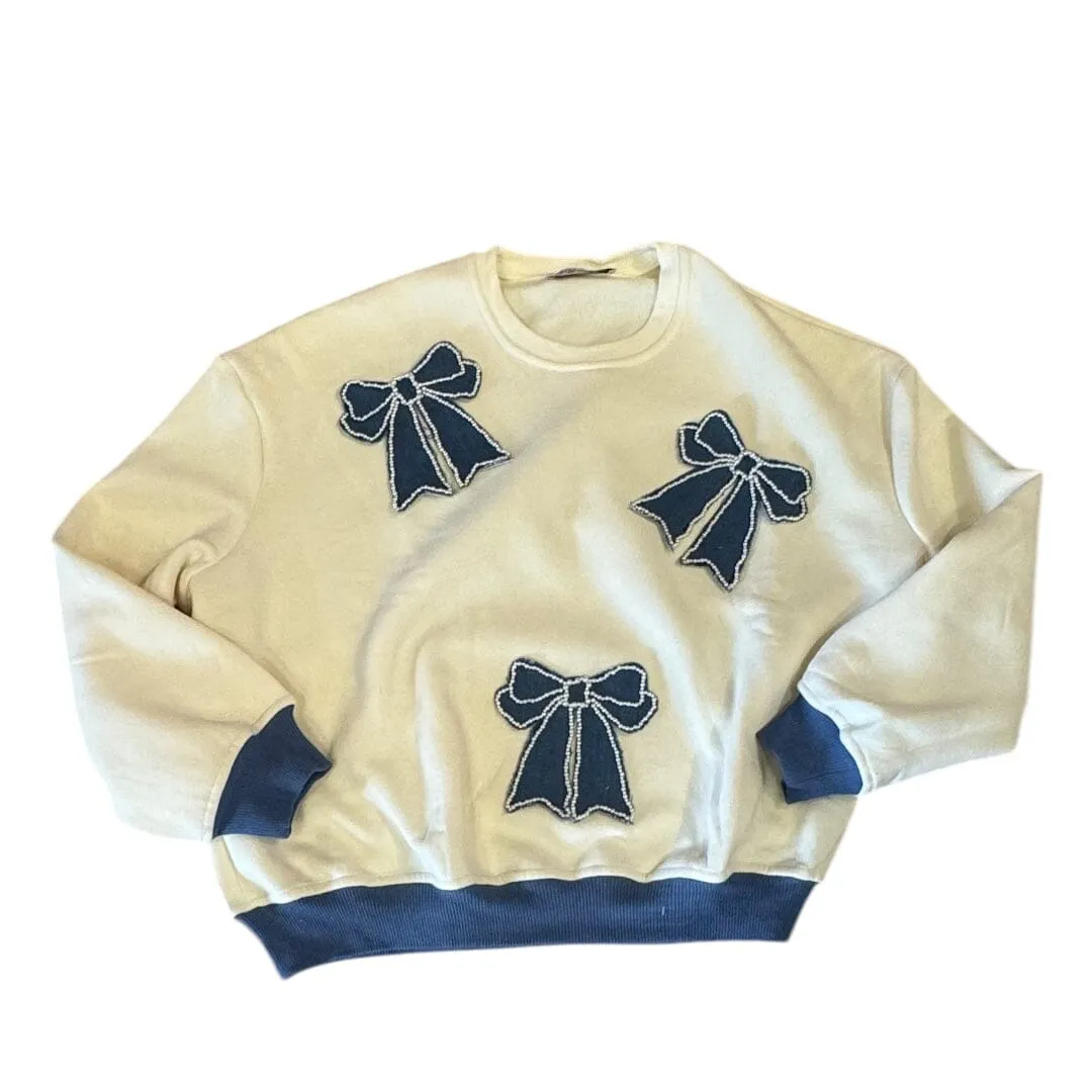 DENIM PEARL BOW PATCH LONG SLEEVE SWEATSHIRT
