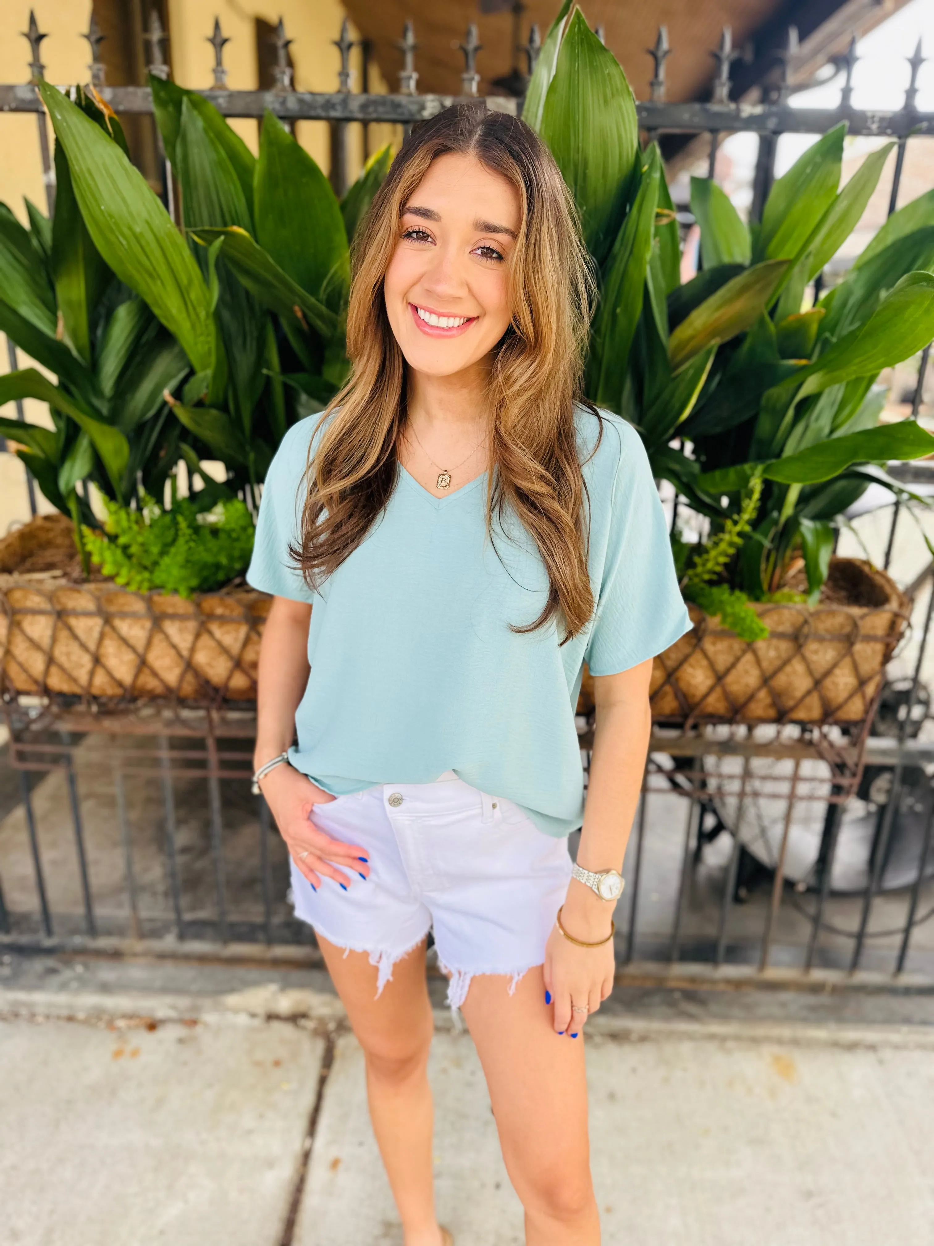Flowy V Blouse-Aloe