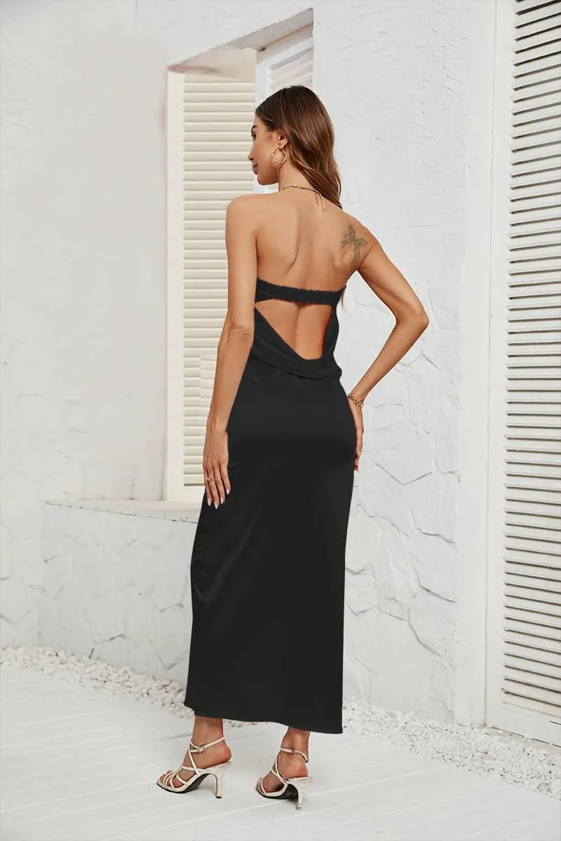 GOLDSTITCH Women's Maxi Bodycon Dresses Backless Tube Dress Low Back Hollow Out Elegant Strapless Long Dresses Wedding Guest