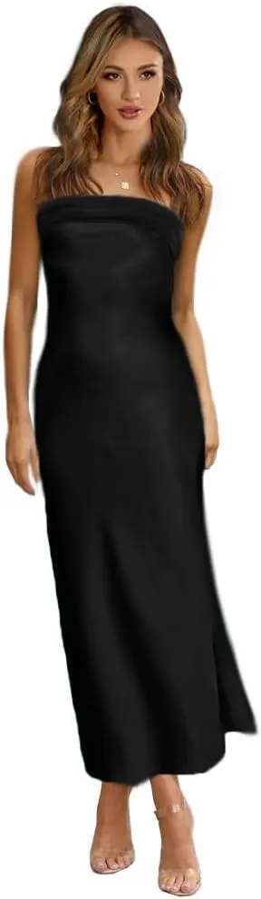 GOLDSTITCH Women's Maxi Bodycon Dresses Backless Tube Dress Low Back Hollow Out Elegant Strapless Long Dresses Wedding Guest