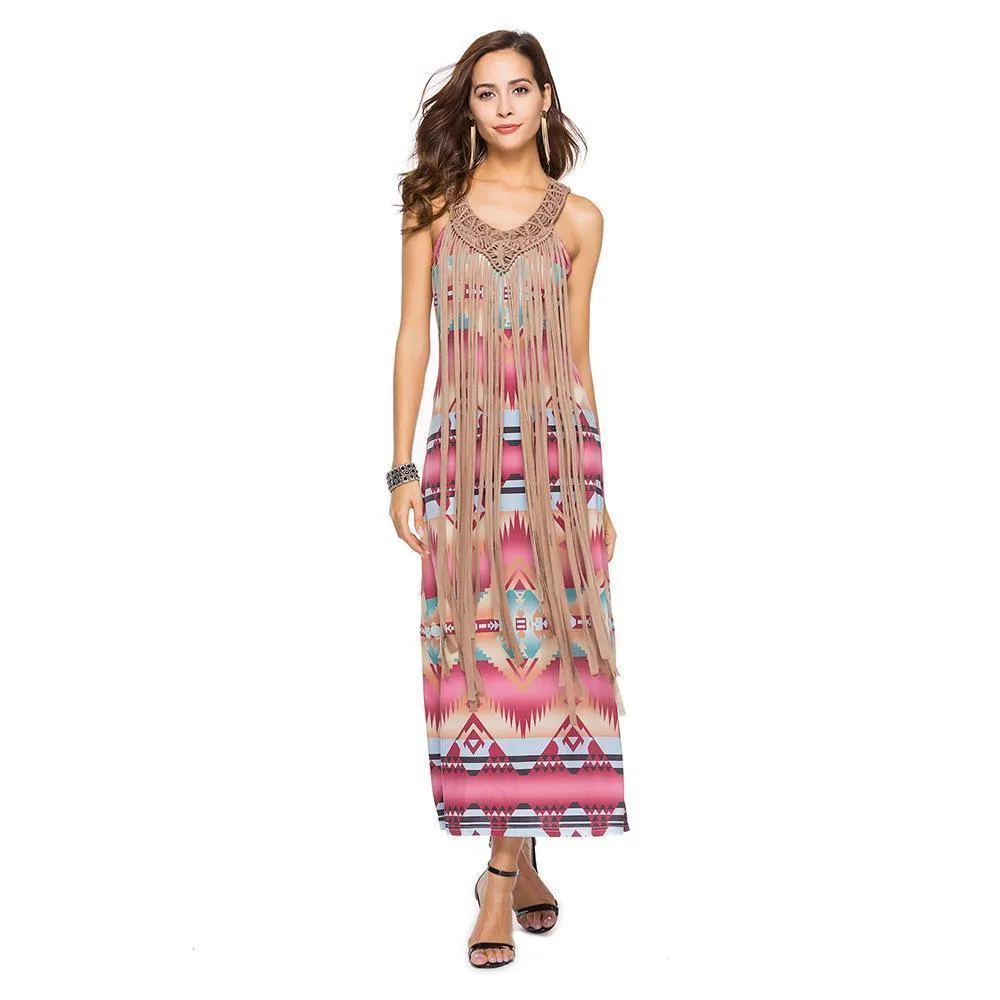Halter dress fashion sexy printing buttocks sleeveless sexy tassel hip skirt