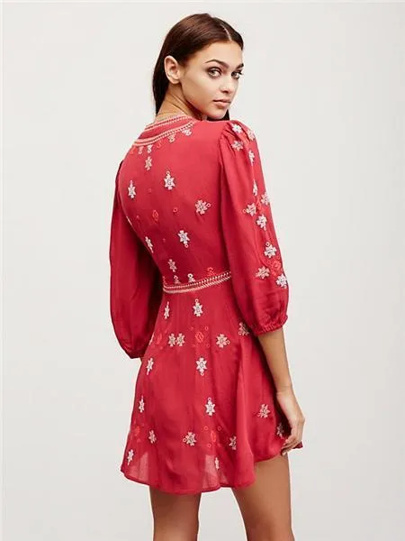 Hot Sale Sleeve lace waist Bohemia V-neck embroidery dress