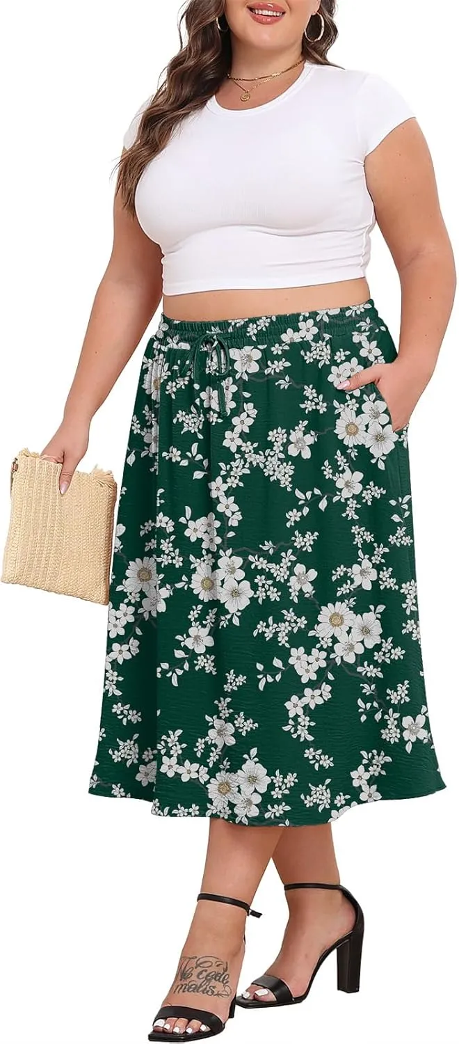 Lastshe Women's Plus Size Midi Skirts Elastic High Waisted Casual Loose Boho A-Line Flowy Skirt with Pockets