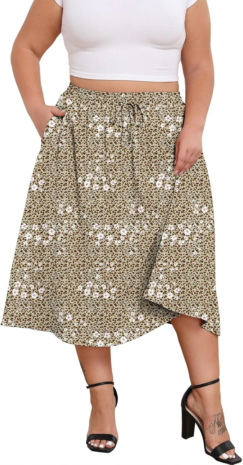 Lastshe Women's Plus Size Midi Skirts Elastic High Waisted Casual Loose Boho A-Line Flowy Skirt with Pockets