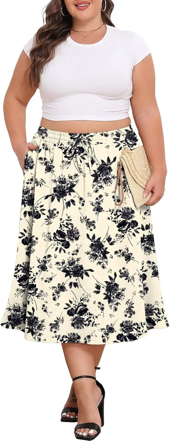 Lastshe Women's Plus Size Midi Skirts Elastic High Waisted Casual Loose Boho A-Line Flowy Skirt with Pockets