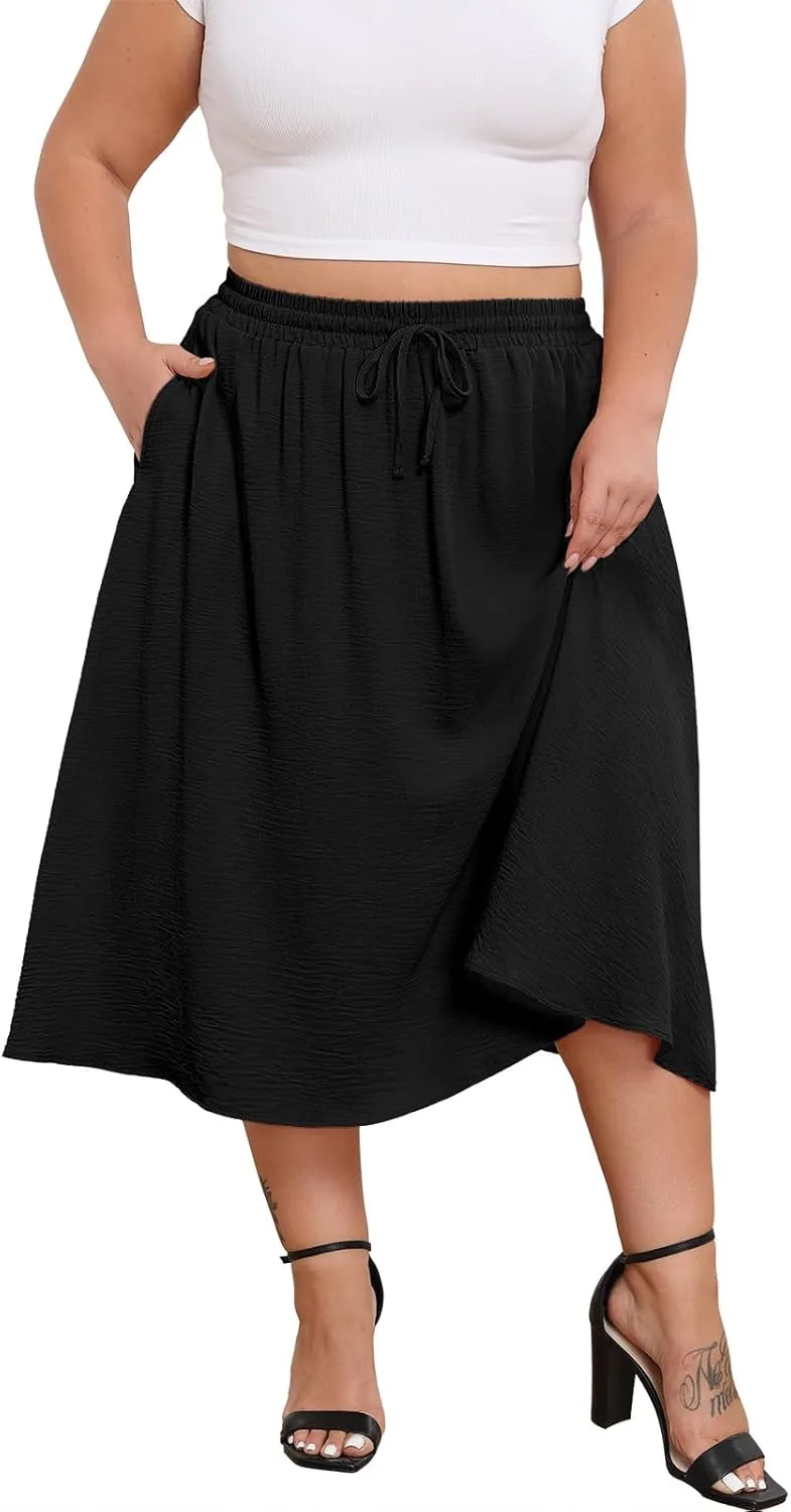 Lastshe Women's Plus Size Midi Skirts Elastic High Waisted Casual Loose Boho A-Line Flowy Skirt with Pockets