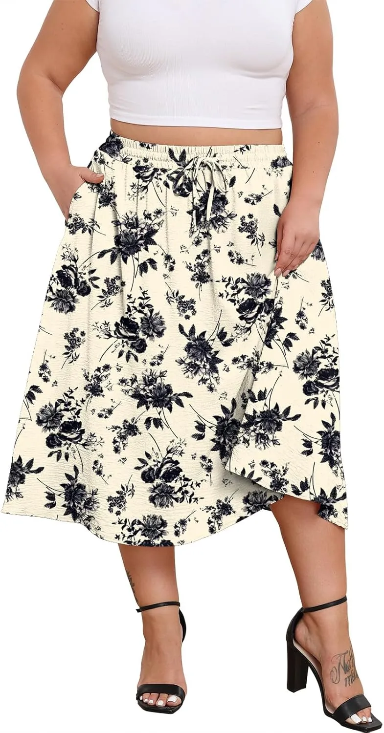Lastshe Women's Plus Size Midi Skirts Elastic High Waisted Casual Loose Boho A-Line Flowy Skirt with Pockets