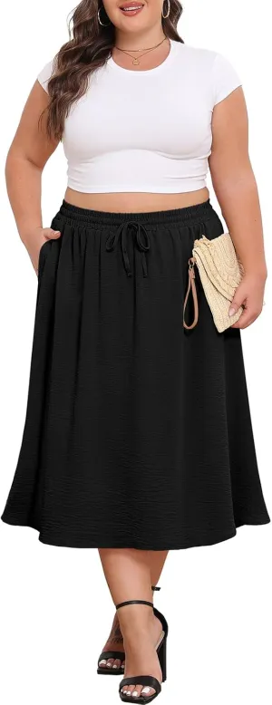 Lastshe Women's Plus Size Midi Skirts Elastic High Waisted Casual Loose Boho A-Line Flowy Skirt with Pockets