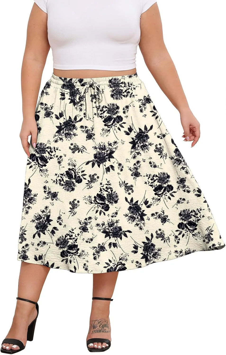 Lastshe Women's Plus Size Midi Skirts Elastic High Waisted Casual Loose Boho A-Line Flowy Skirt with Pockets