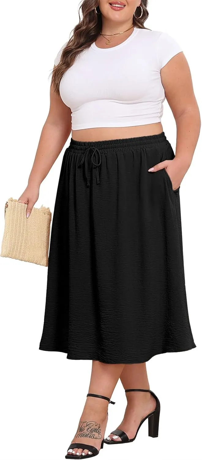Lastshe Women's Plus Size Midi Skirts Elastic High Waisted Casual Loose Boho A-Line Flowy Skirt with Pockets