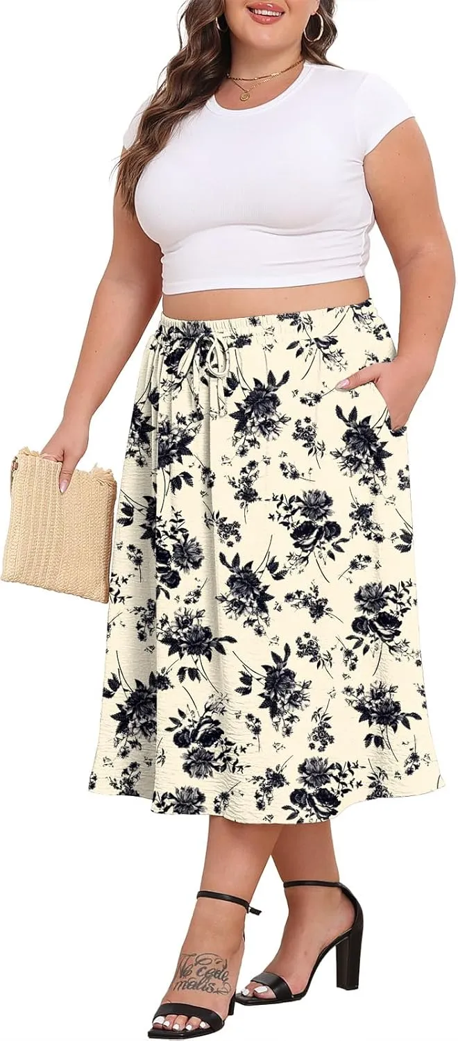 Lastshe Women's Plus Size Midi Skirts Elastic High Waisted Casual Loose Boho A-Line Flowy Skirt with Pockets
