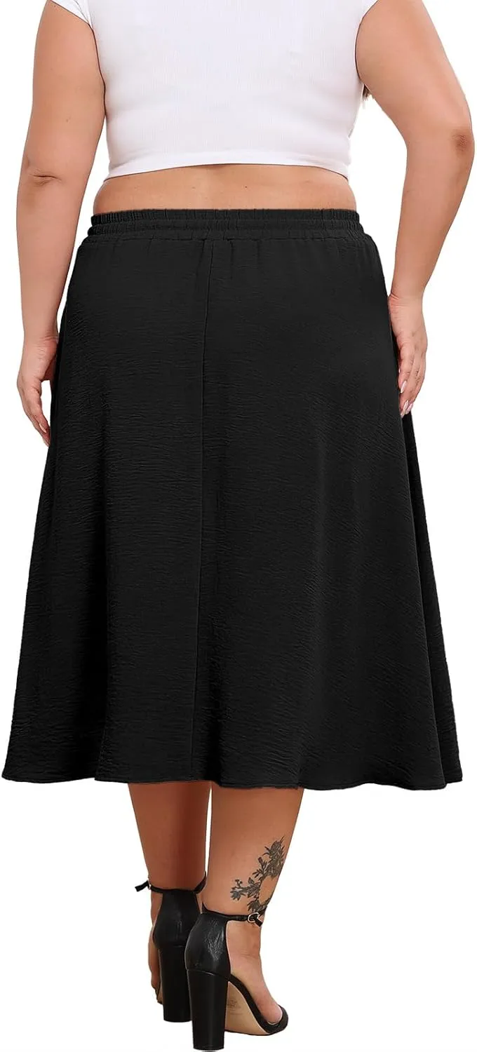 Lastshe Women's Plus Size Midi Skirts Elastic High Waisted Casual Loose Boho A-Line Flowy Skirt with Pockets