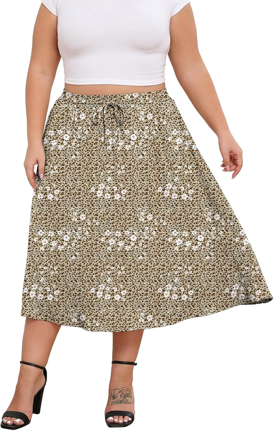 Lastshe Women's Plus Size Midi Skirts Elastic High Waisted Casual Loose Boho A-Line Flowy Skirt with Pockets