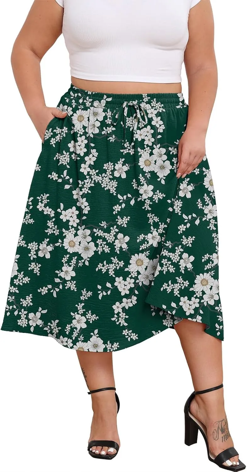 Lastshe Women's Plus Size Midi Skirts Elastic High Waisted Casual Loose Boho A-Line Flowy Skirt with Pockets
