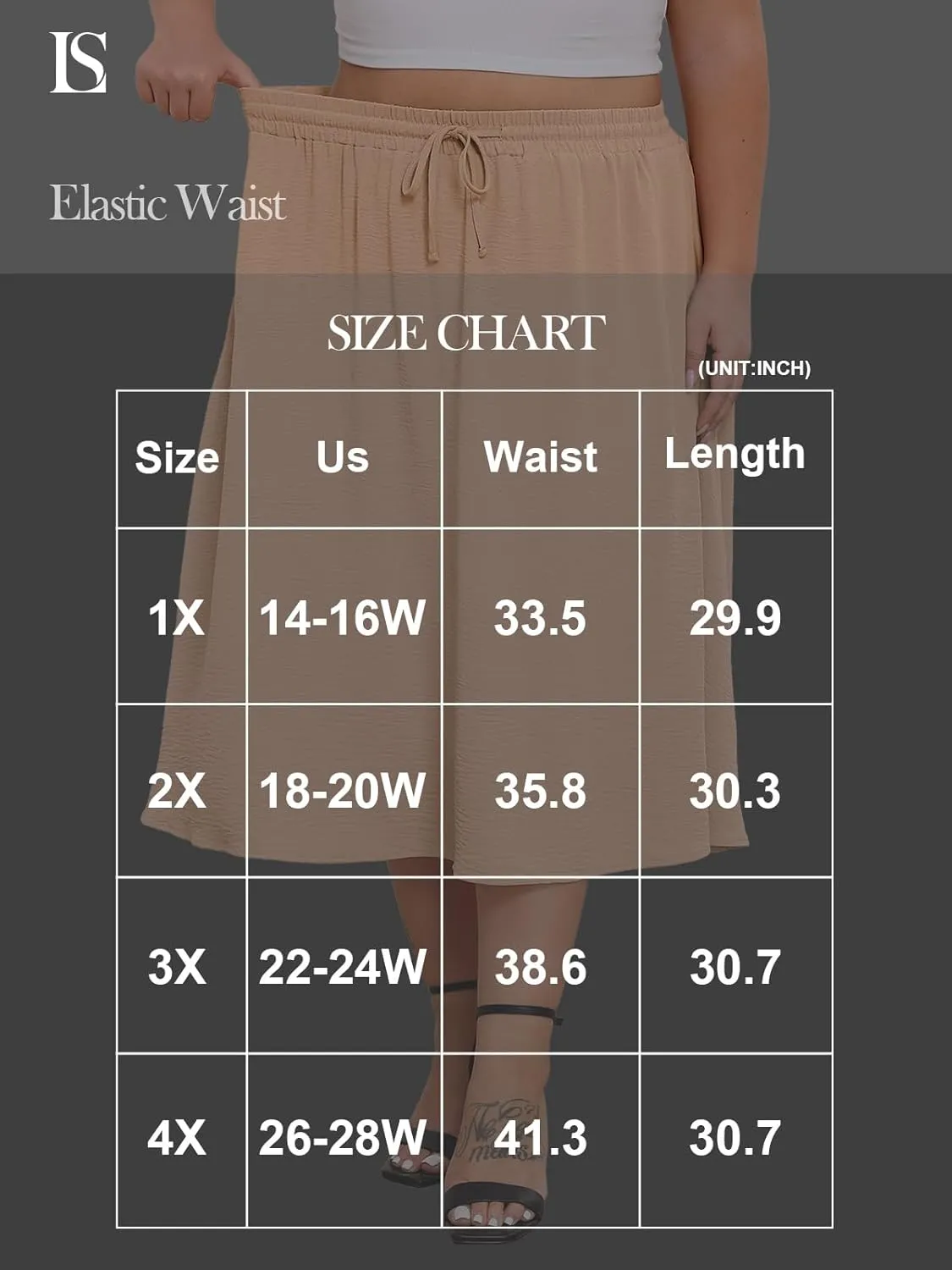 Lastshe Women's Plus Size Midi Skirts Elastic High Waisted Casual Loose Boho A-Line Flowy Skirt with Pockets