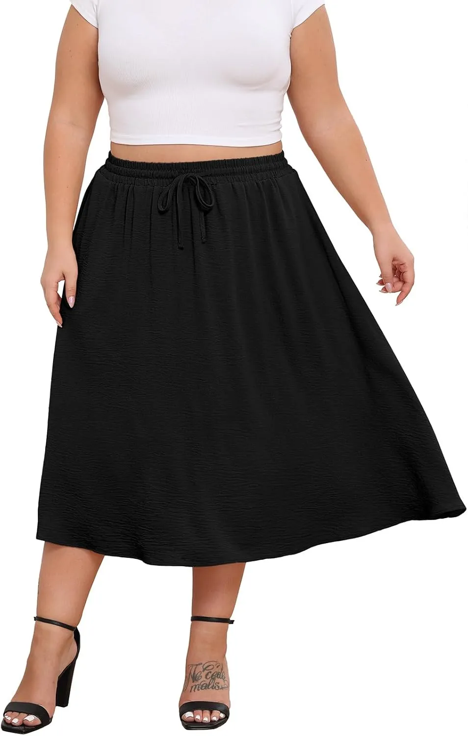 Lastshe Women's Plus Size Midi Skirts Elastic High Waisted Casual Loose Boho A-Line Flowy Skirt with Pockets