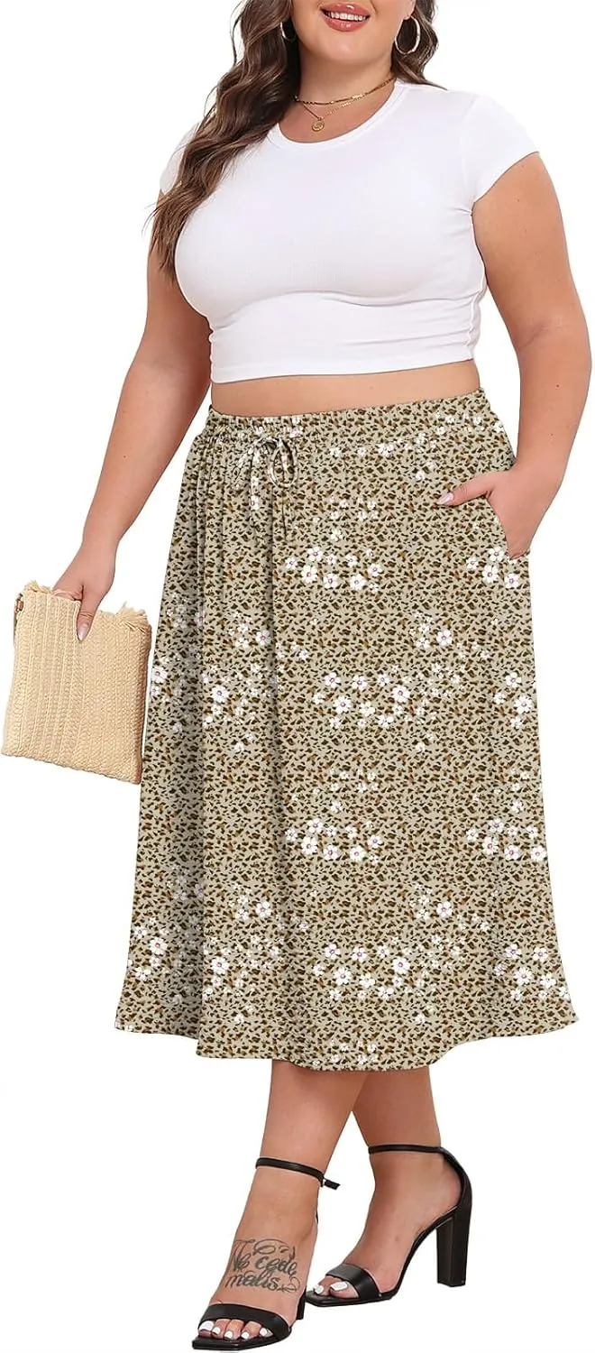 Lastshe Women's Plus Size Midi Skirts Elastic High Waisted Casual Loose Boho A-Line Flowy Skirt with Pockets