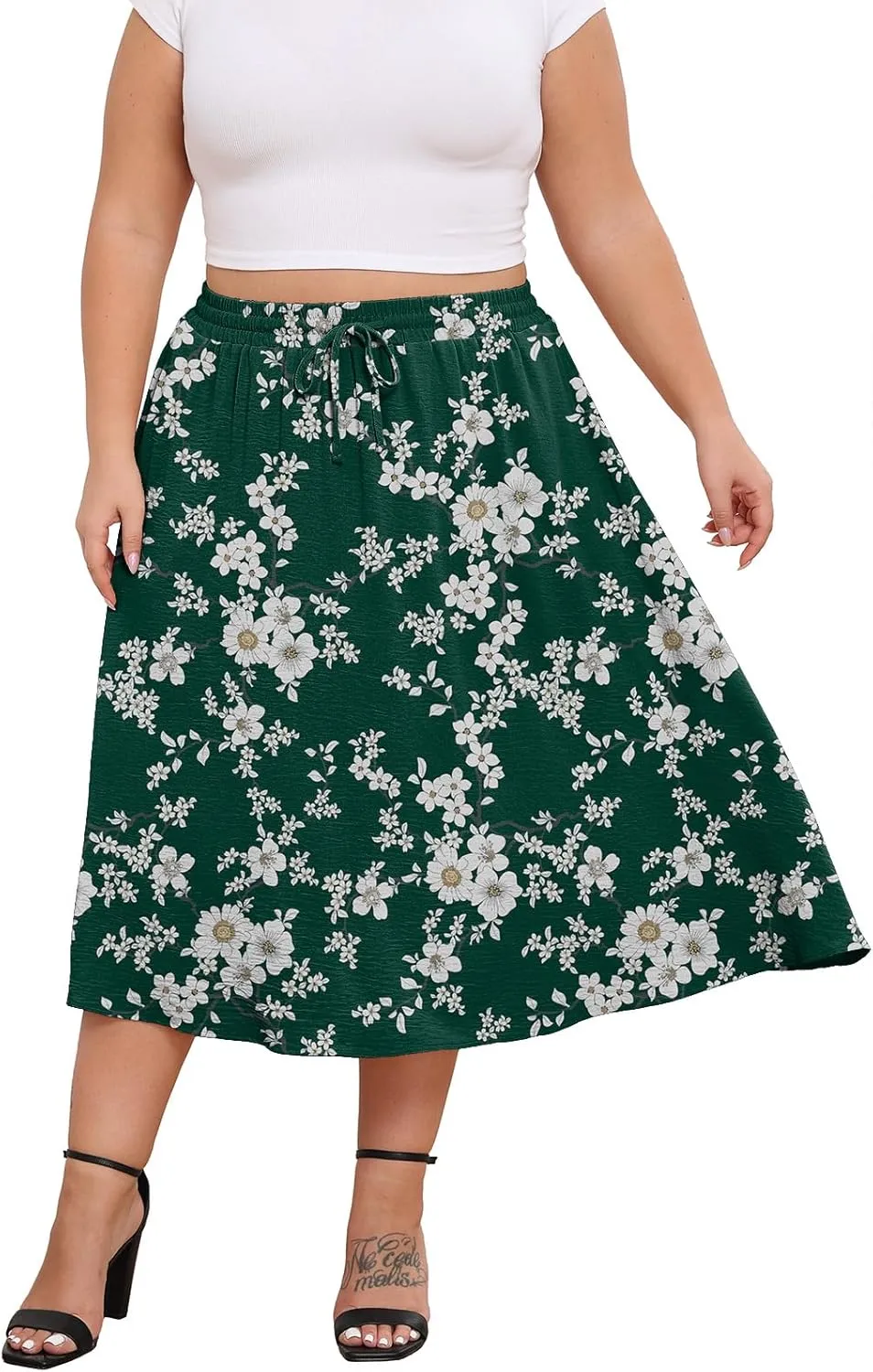 Lastshe Women's Plus Size Midi Skirts Elastic High Waisted Casual Loose Boho A-Line Flowy Skirt with Pockets