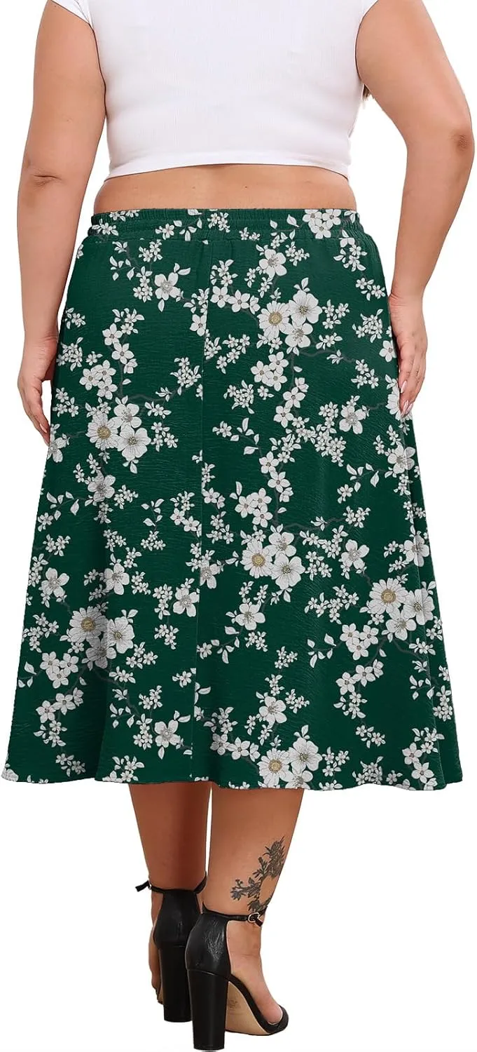 Lastshe Women's Plus Size Midi Skirts Elastic High Waisted Casual Loose Boho A-Line Flowy Skirt with Pockets