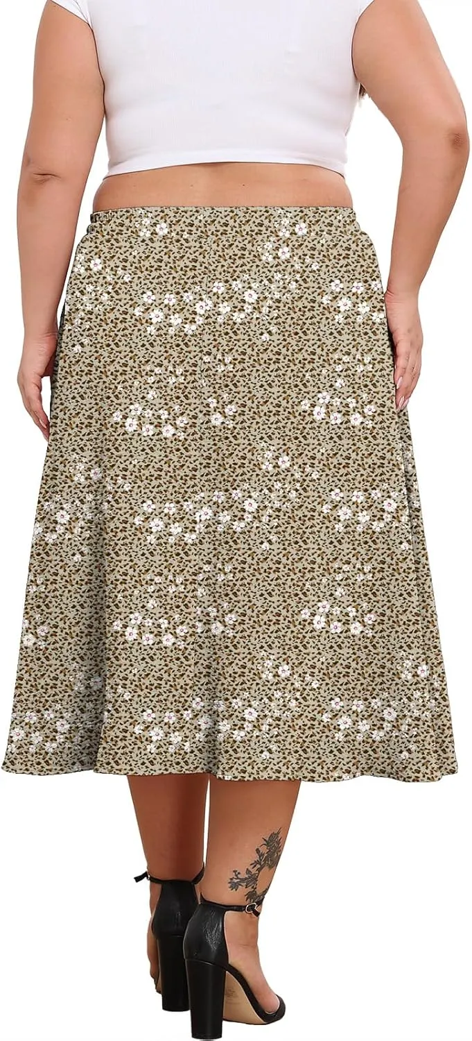 Lastshe Women's Plus Size Midi Skirts Elastic High Waisted Casual Loose Boho A-Line Flowy Skirt with Pockets