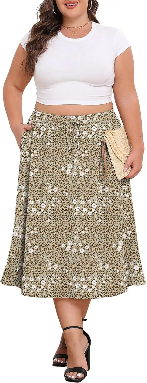 Lastshe Women's Plus Size Midi Skirts Elastic High Waisted Casual Loose Boho A-Line Flowy Skirt with Pockets