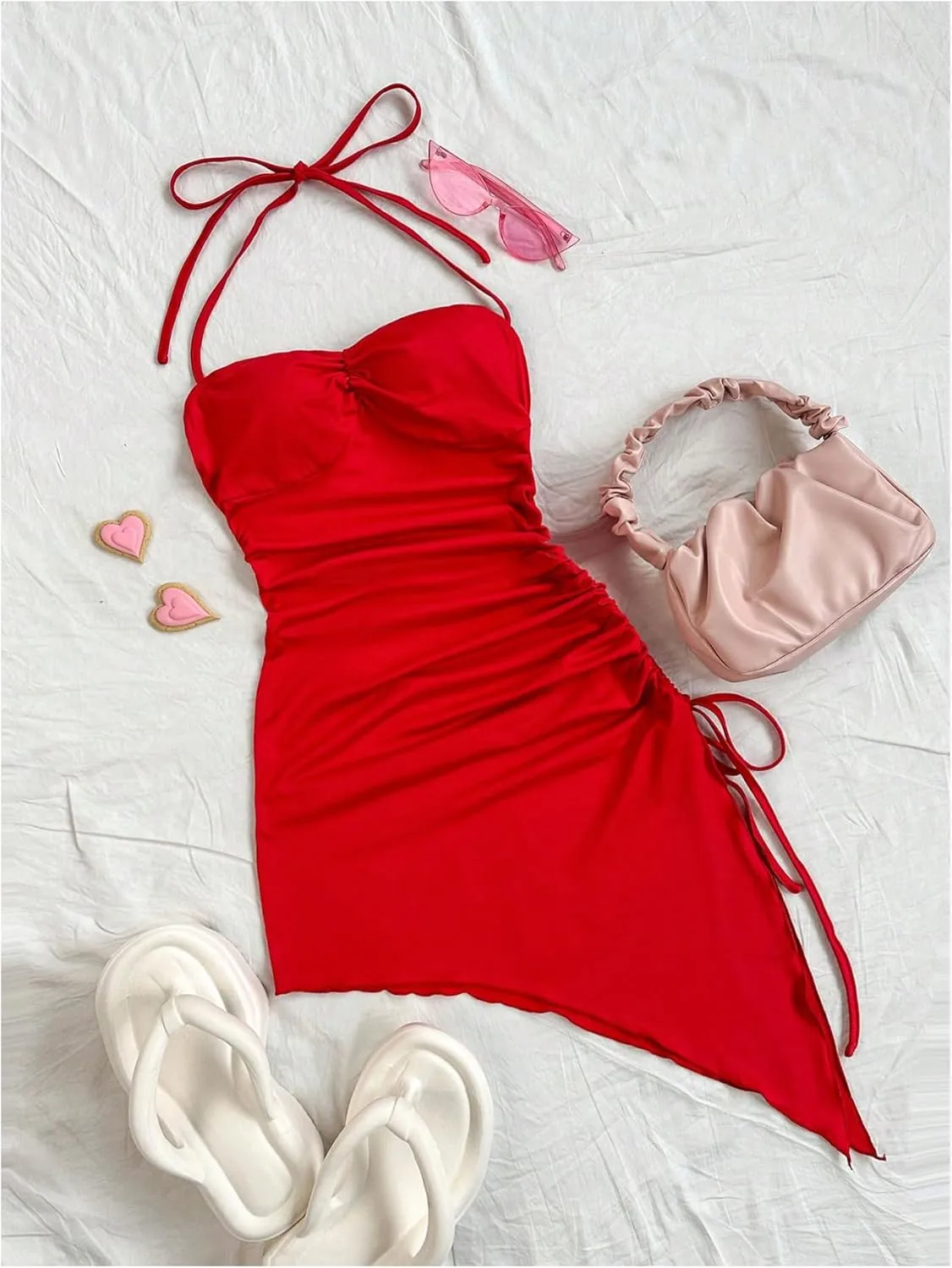 Milumia Women's Halter Ruched Dress Tie Side Asymmetrical Spaghetti Strap Short Club Cocktail Dresses
