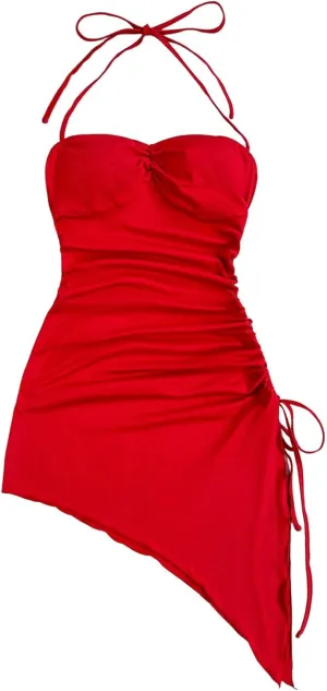 Milumia Women's Halter Ruched Dress Tie Side Asymmetrical Spaghetti Strap Short Club Cocktail Dresses