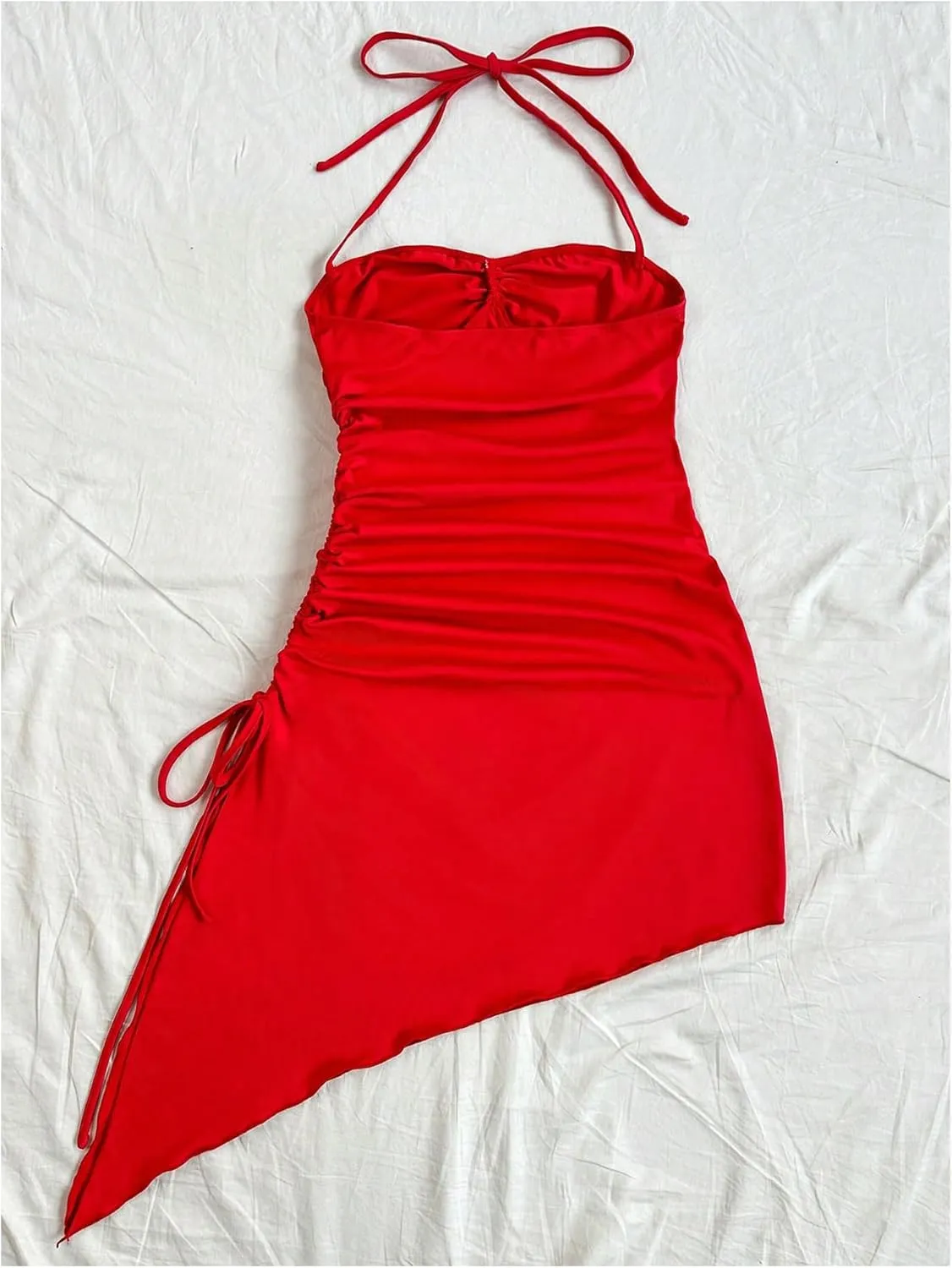 Milumia Women's Halter Ruched Dress Tie Side Asymmetrical Spaghetti Strap Short Club Cocktail Dresses